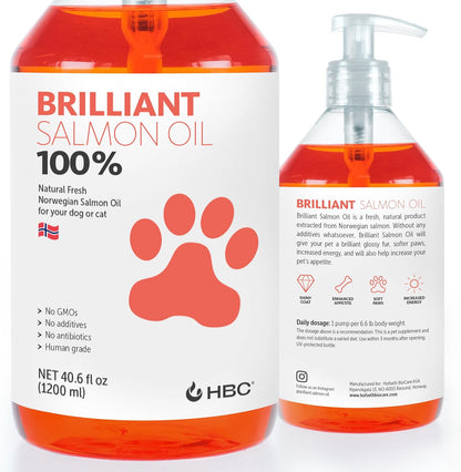 Brilliant Norwegian Salmon Oil for Dogs, Cats, Horses & Ferrets - Pure Omega 3, 6 & 9 Fish Oil Food Supplement for Natural Coat, Immune Support, Itchy Skin, Joint & Brain Health - 2x500 ml