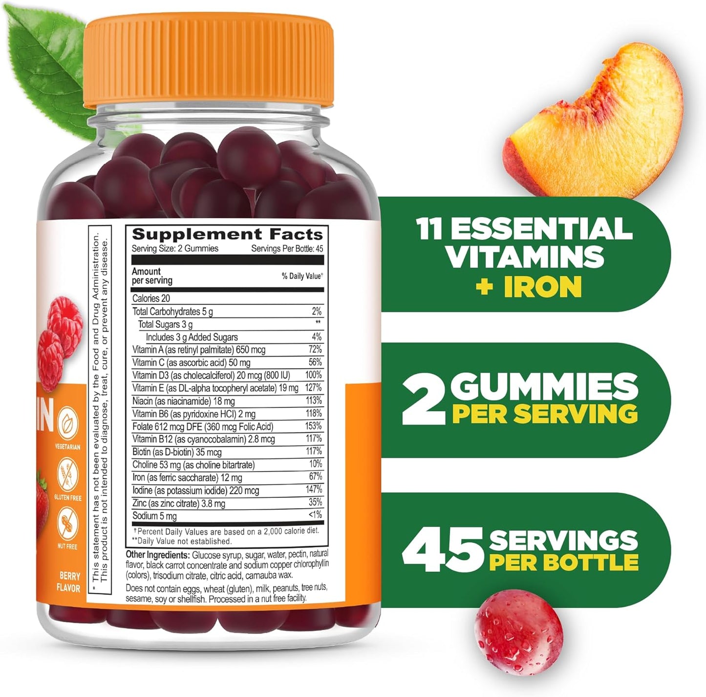 Lifeable Multivitamin with Iron for Adults - 13 Essential Vitamins and Minerals - Berry Flavour - 90 Gummies - görsel 2