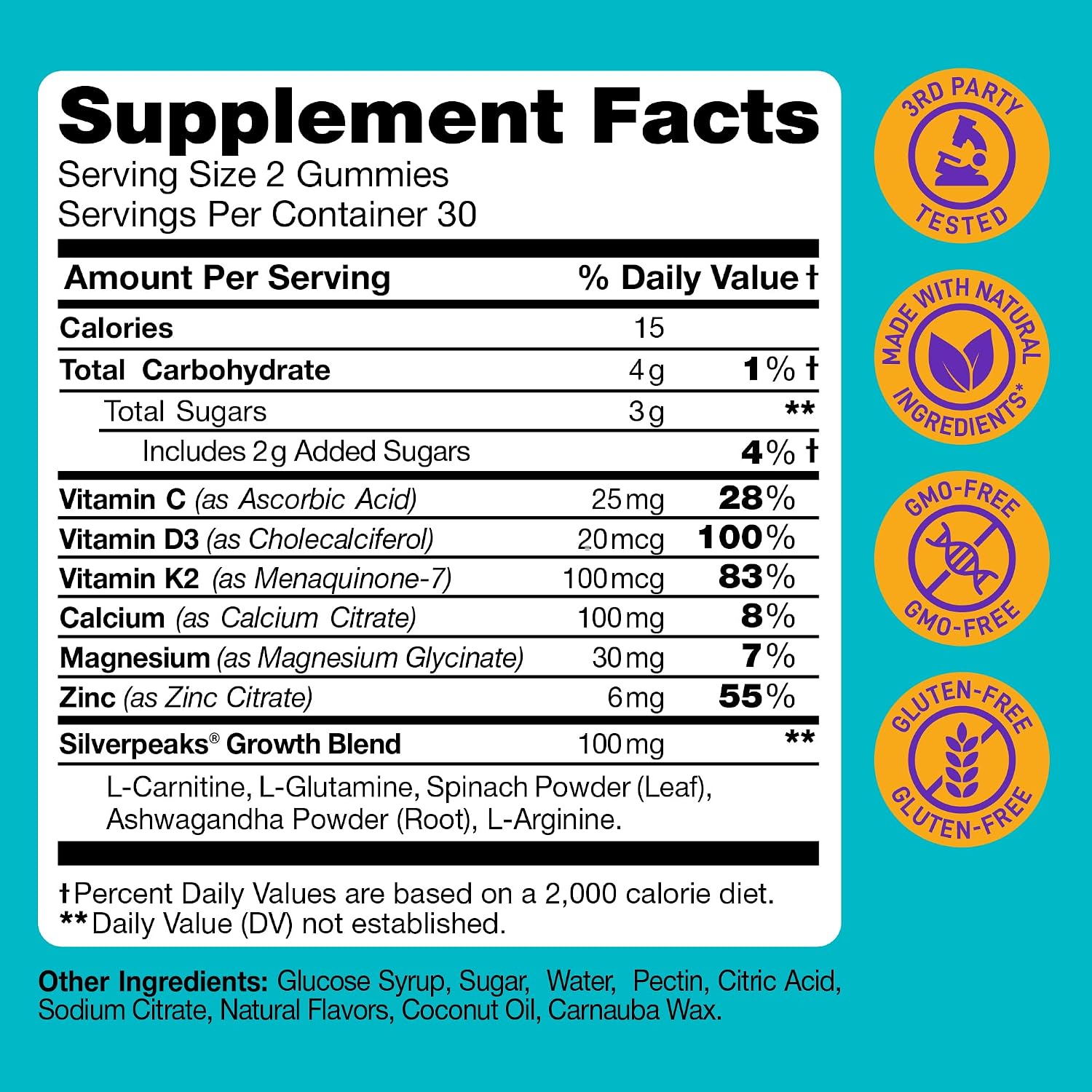 Height Growth Gummies for Children - Growth Vitamins for Teens, Height Increase Multivitamin with Calcium, Vitamin D3, K2, Magnesium, Zinc, 60 Count - görsel 2