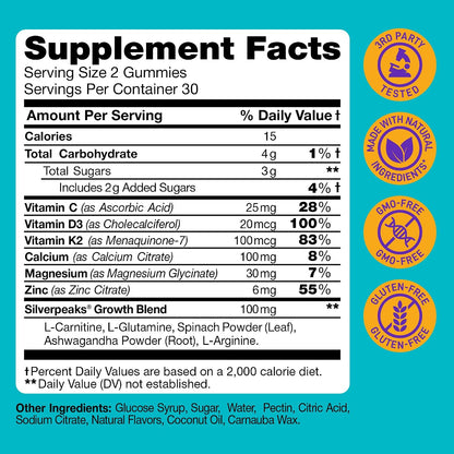 Height Growth Gummies for Children - Growth Vitamins for Teens, Height Increase Multivitamin with Calcium, Vitamin D3, K2, Magnesium, Zinc, 60 Count