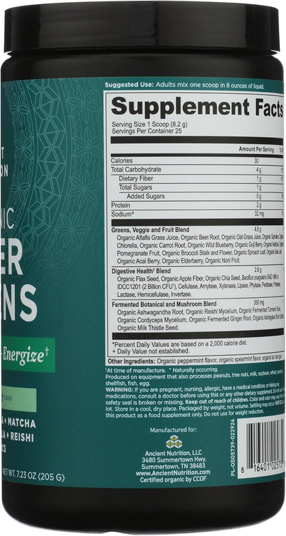 Ancient Nutrition SuperGreens Powder with Probiotics – Organic Peppermint Flavour – 25 Servings