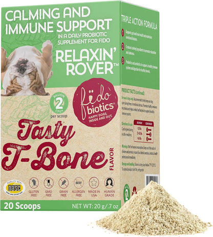 Relaxin’ Rover Calming Supplement for Dogs with Probiotics, Valerian, Chamomile & GABA – T-Bone Flavour (20 Servings)