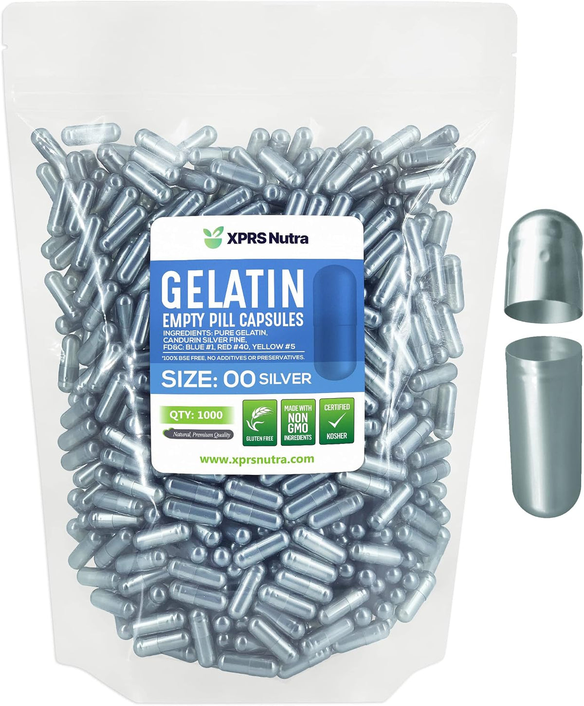 XPRS Nutra Size 00 Empty Gelatine Capsules - 1000 Count - DIY Pill Filling (Silver) - görsel 1