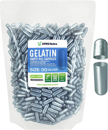 XPRS Nutra Size 00 Empty Gelatine Capsules - 1000 Count - DIY Pill Filling (Silver)