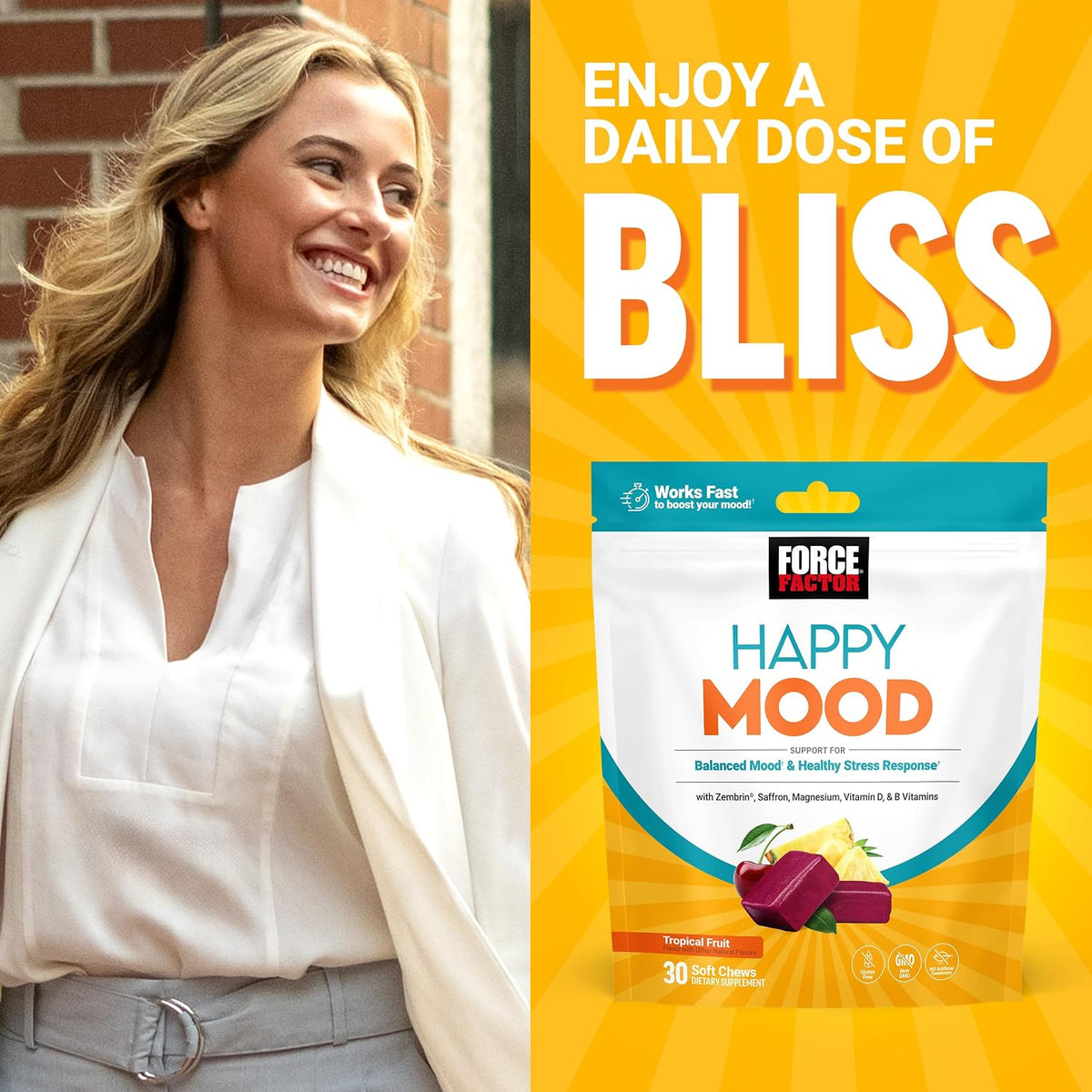 Force Factor Happy Mood Soft Chews - Mood Support Supplement with Magnesium, Saffron & Zembrin, Tropical Flavour, 30 Chews - görsel 9