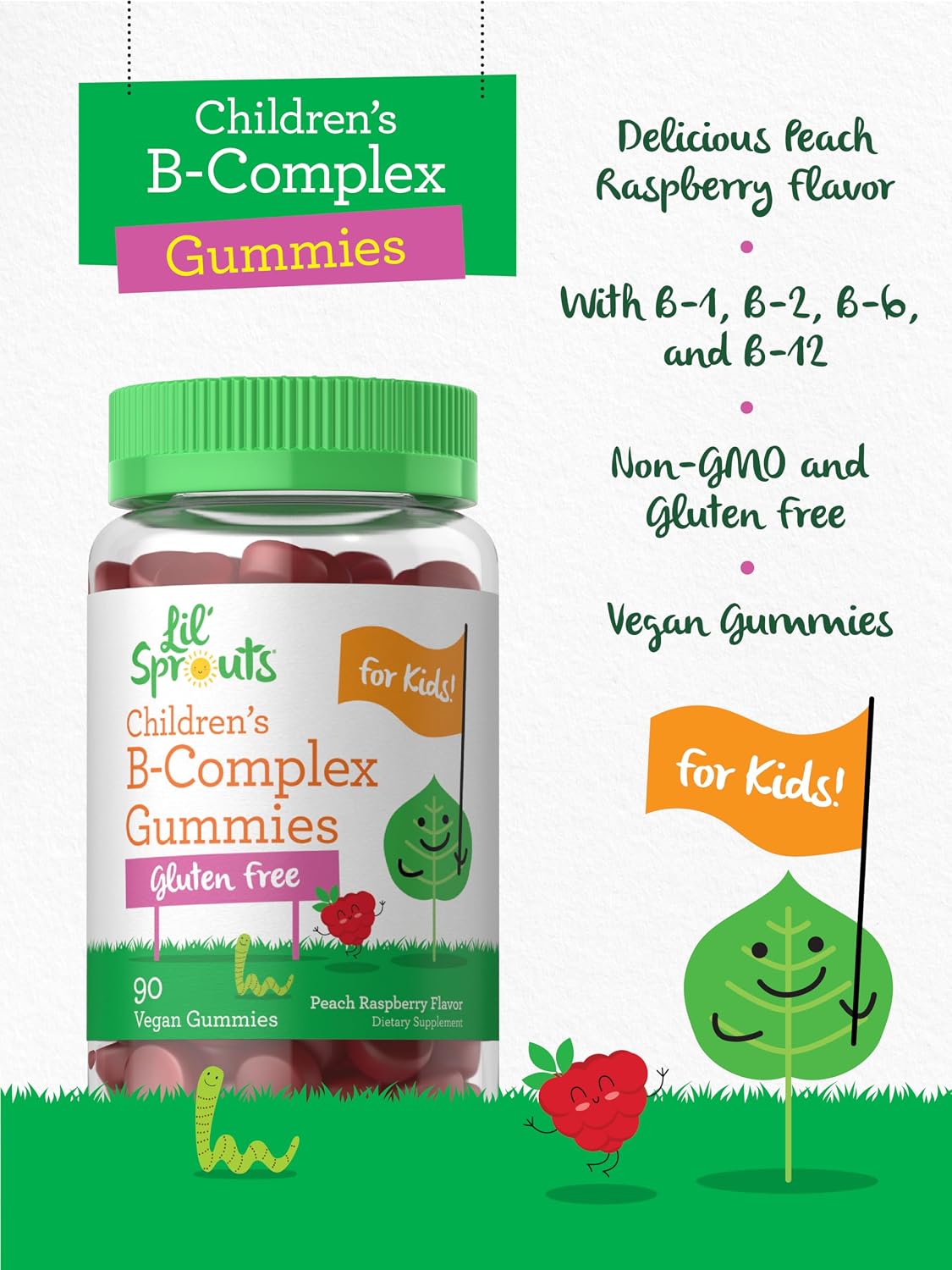 Carlyle Kids B Complex Gummies | 90 Count | with Vitamin B1, B2, B6, B12, and Ashwagandha Extract | Peach Raspberry Flavour | Vegan, Non-GMO & Gluten-free Supplement | Lil' Sprouts - görsel 4