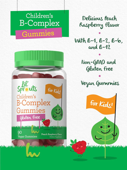 Carlyle Kids B Complex Gummies | 90 Count | with Vitamin B1, B2, B6, B12, and Ashwagandha Extract | Peach Raspberry Flavour | Vegan, Non-GMO & Gluten-free Supplement | Lil' Sprouts