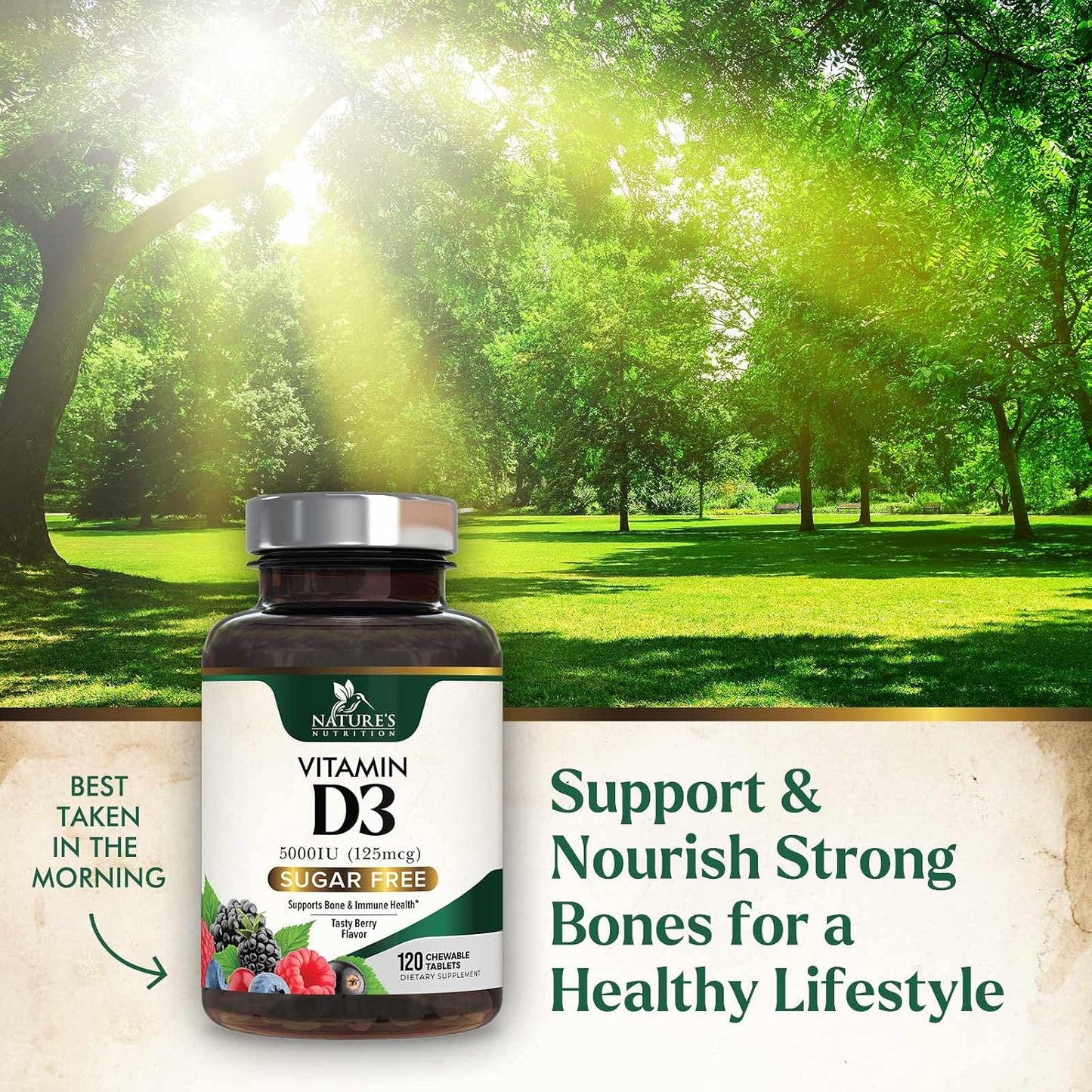 Nature's Nutrition Vitamin D3 5000 IU (125 mcg) Chewable Tablets – Extra Strength for Immune, Bone & Muscle Support – Sugar-Free, Gluten-free – 120 Count - görsel 5