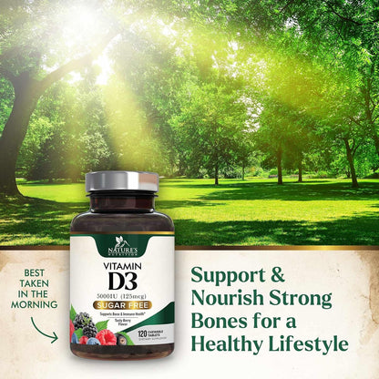 Nature's Nutrition Vitamin D3 5000 IU (125 mcg) Chewable Tablets – Extra Strength for Immune, Bone & Muscle Support – Sugar-Free, Gluten-free – 120 Count