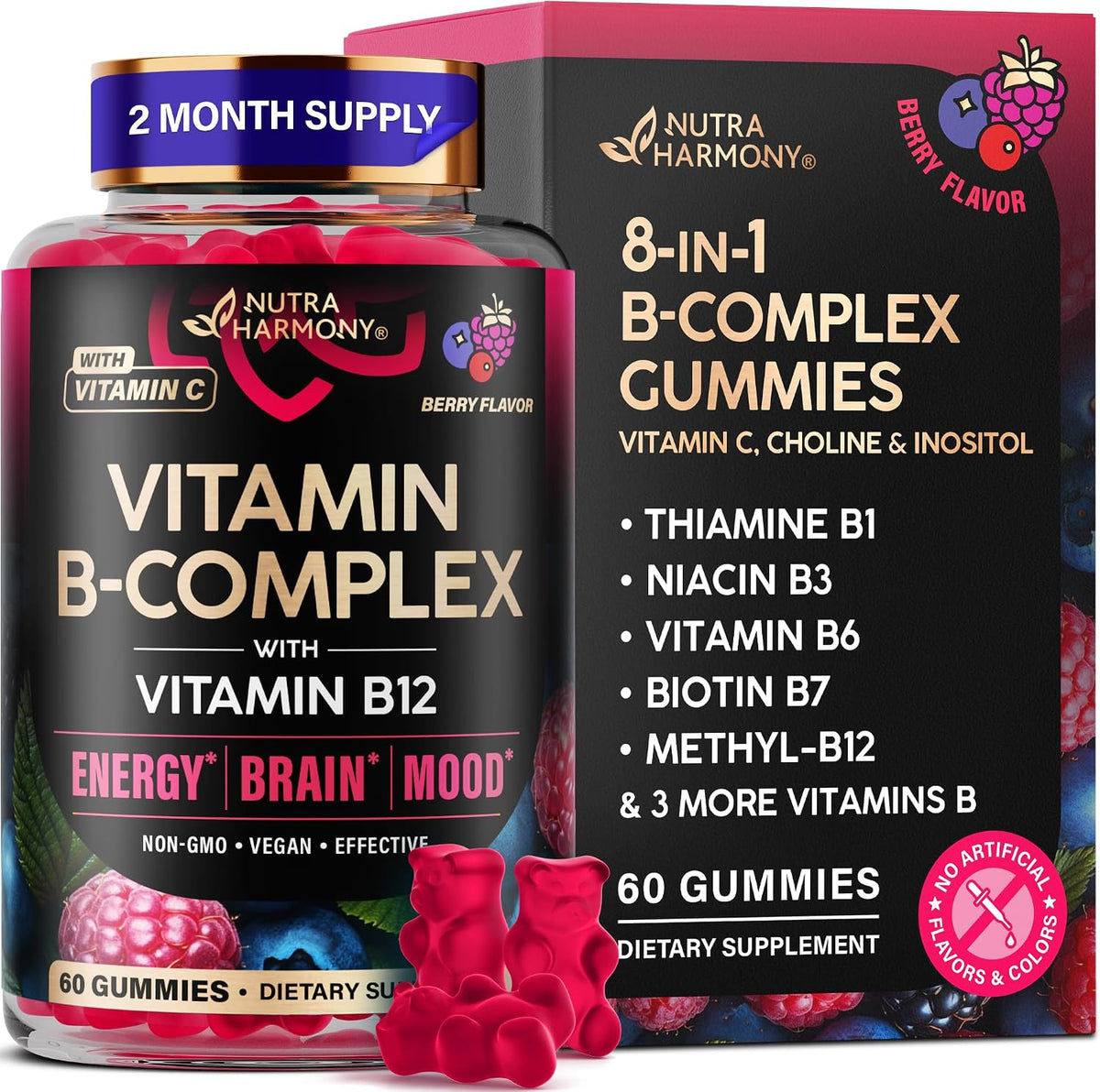 Vitamin B-Complex Gummies – Energy & Brain Support – Vegan – 60 Count - görsel 1