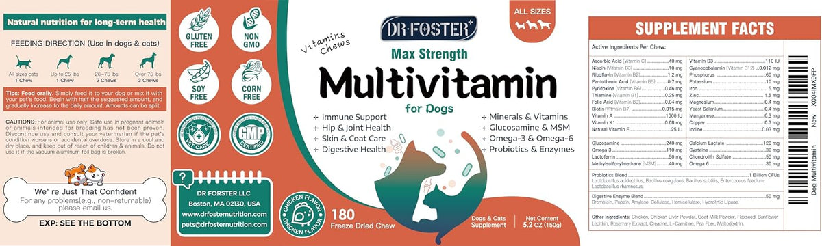 Dog Multivitamin, Dog Vitamins and Supplements, Multivitamin for Dogs with Glucosamine, Probiotics & Omega-3 for Joint, Digestive, Skin, Coat and Immune Health, Chicken Flavour - 180 Bites - görsel 9