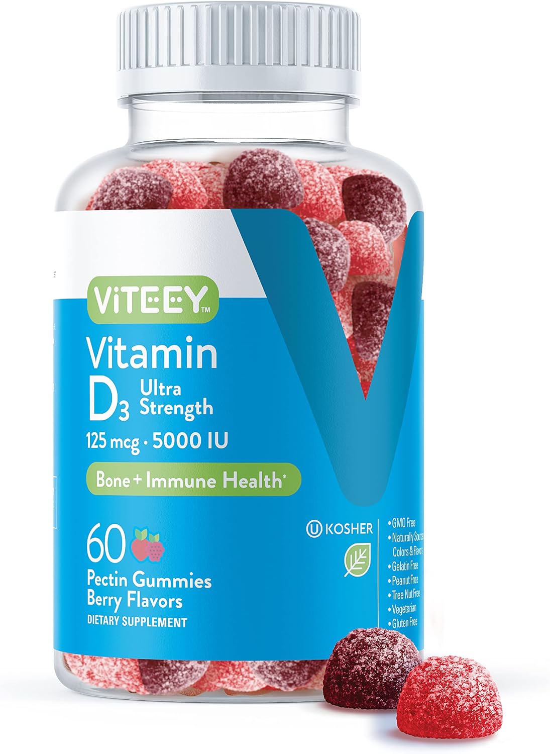 Viteey Vitamin D3 Gummies for Adults & Teens – 5,000 IU (125 mcg) – Chewable Berry Flavour – Vegetarian & Gelatine Free – 60 Count - görsel 1