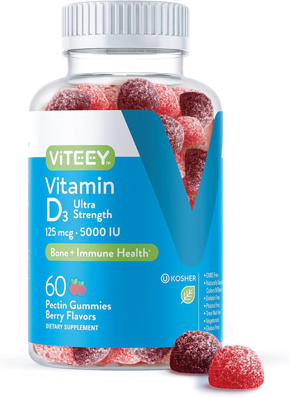 Viteey Vitamin D3 Gummies for Adults & Teens – 5,000 IU (125 mcg) – Chewable Berry Flavour – Vegetarian & Gelatine Free – 60 Count