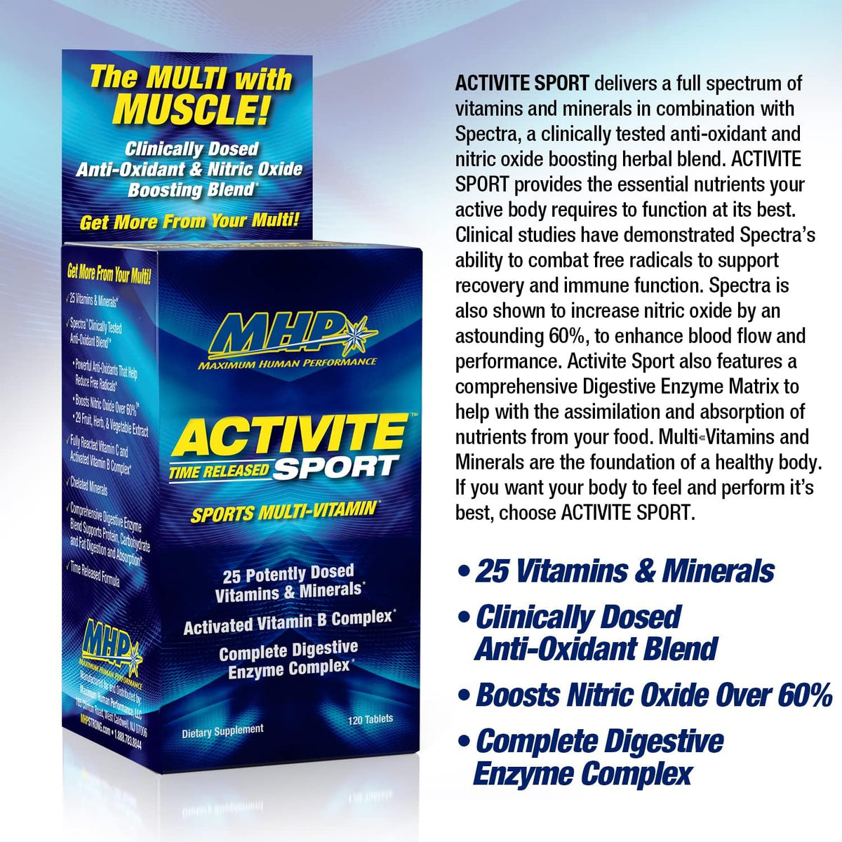 MHP Activite Sport Multi Vitamin – 25 Vitamins and Minerals with Nitric Oxide Booster, Digestive Enzymes, Antioxidants, 120 Tablets - görsel 3