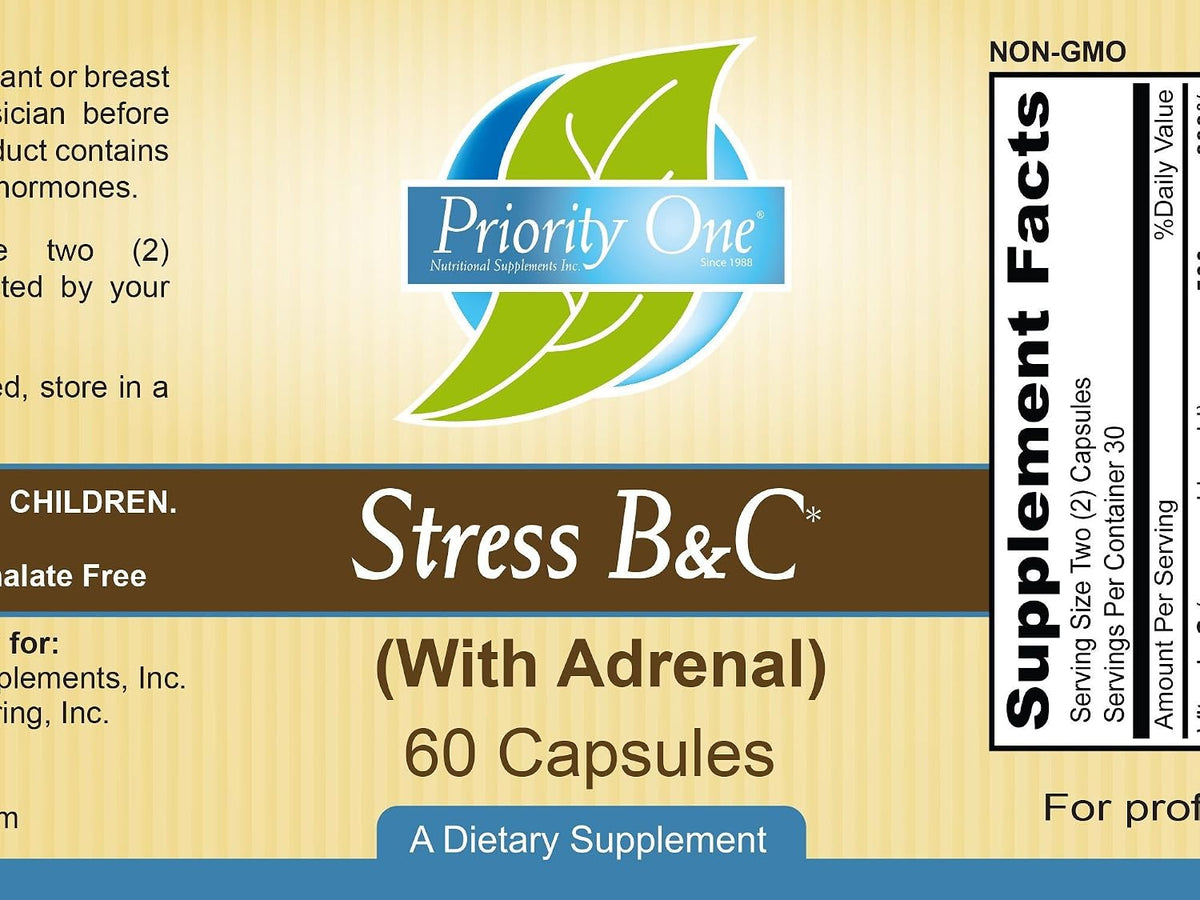 Priority One Vitamins Stress B & C - B Complex with Whole Gland Adrenal, 60 Capsules - görsel 2