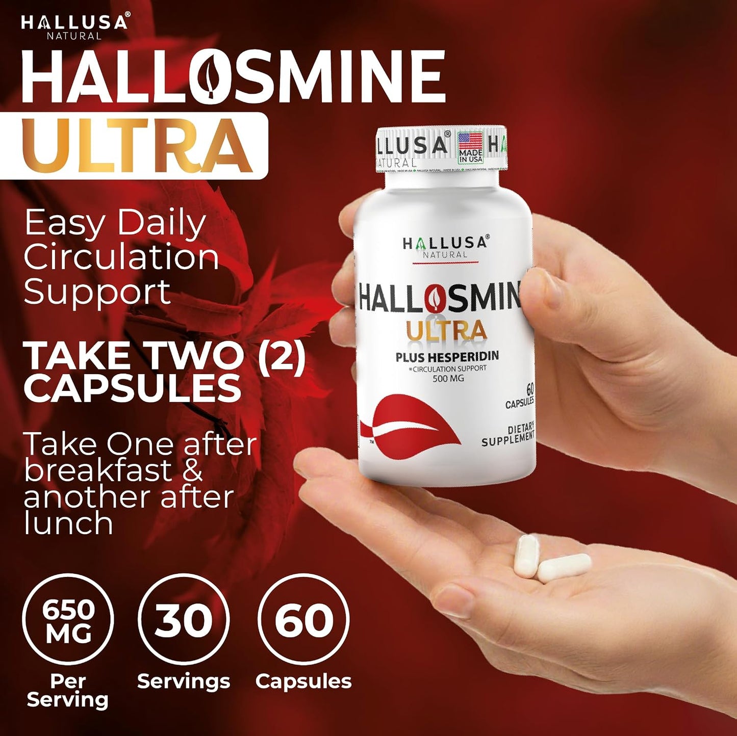 Hallusa Natural Hallosmine Ultra Diosmin 500mg & Hesperidin 150mg – Blood Circulation Support, 60 Capsules - görsel 6