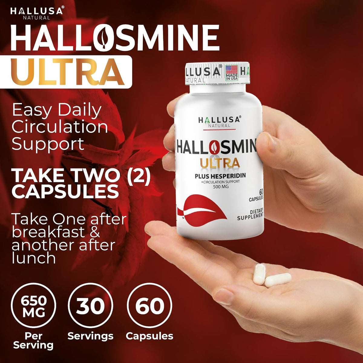 Hallusa Natural Hallosmine Ultra Diosmin 500mg & Hesperidin 150mg – Blood Circulation Support, 60 Capsules - görsel 6