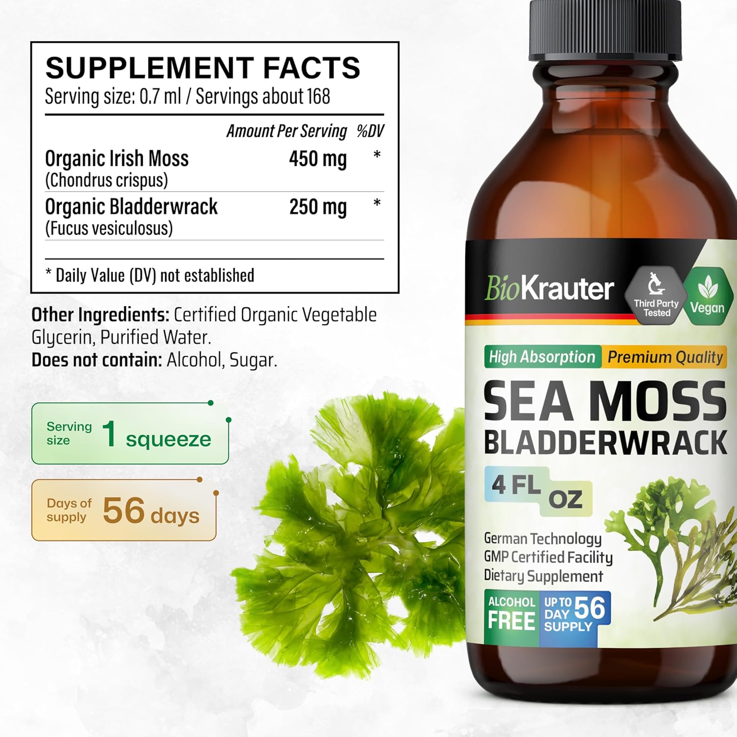BIO KRAUTER 2-in-1 Sea Moss & Bladderwrack Drops – Vegan Liquid Supplement for Daily Wellness, 120ml - görsel 3