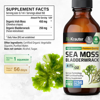 BIO KRAUTER 2-in-1 Sea Moss & Bladderwrack Drops – Vegan Liquid Supplement for Daily Wellness, 120ml