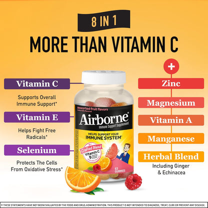Airborne 750 mg Vitamin C Gummies for Adults – Immune Support with Antioxidants A, C & E, Assorted Fruit Flavour (126 Gummies)