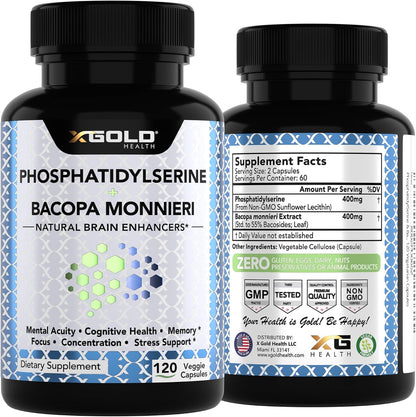 PhosphatidylSerine & Bacopa Monnieri 800 mg - Mental Focus Supplement (120 Vegetarian Capsules)