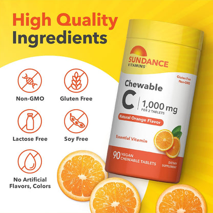 Sundance Chewable Vitamin C 1000mg | 90 Tablets | Natural Orange Flavour | Vegan, Non-GM & Gluten-free Supplement