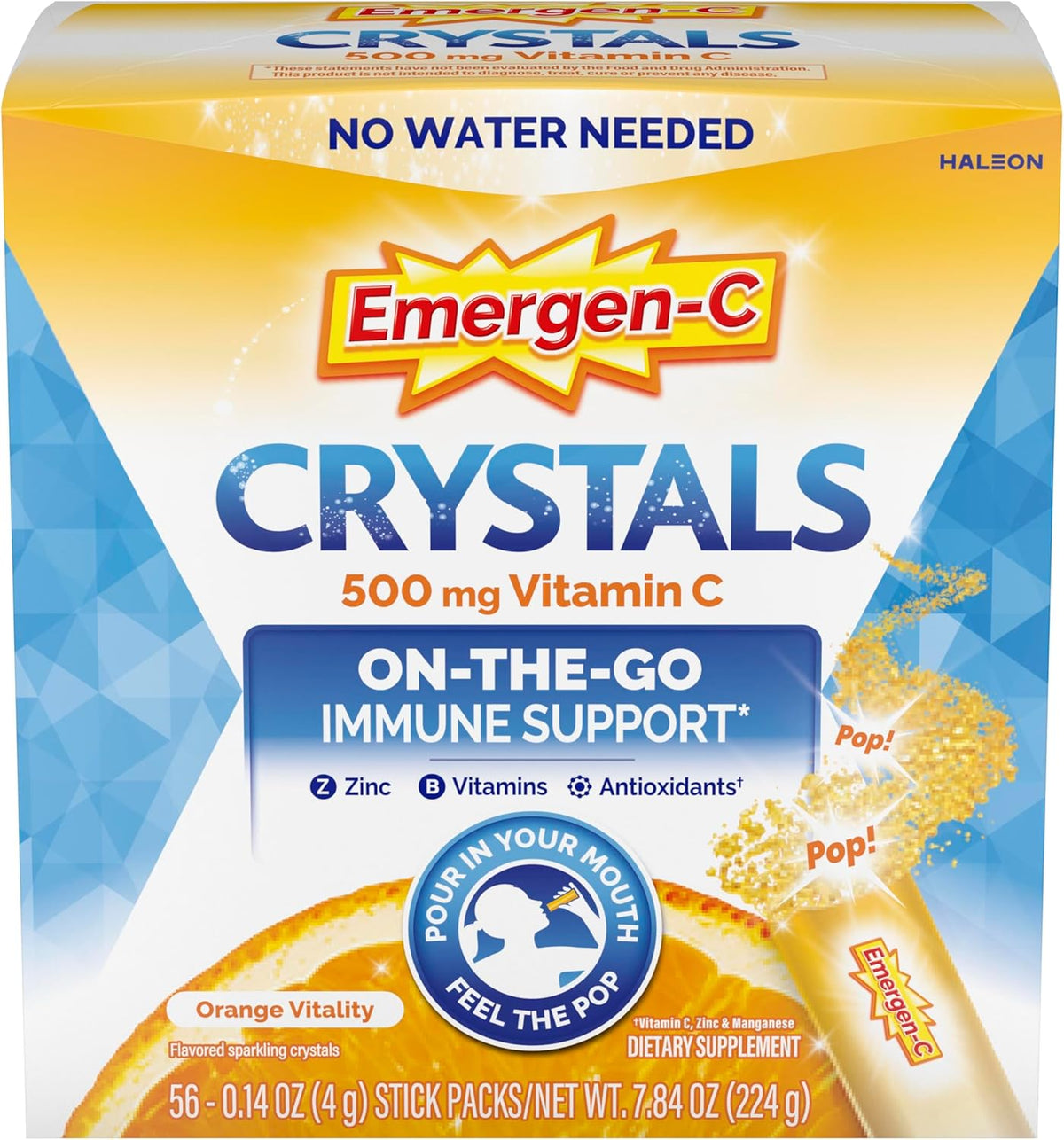 Emergen-C Crystals, On-the-Go Immune Support with Vitamin C, B Vitamins, Zinc and Manganese, Orange Vitality - 56 Stick Packs - görsel 1