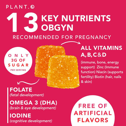 PLANT.O NUTRITION Prenatal Gummies for Women with DHA, Folate, Vitamin B C D – Delicious Multivitamin Blend for Foetal and Neural Support, Bones, Energy & Immunity During Pregnancy