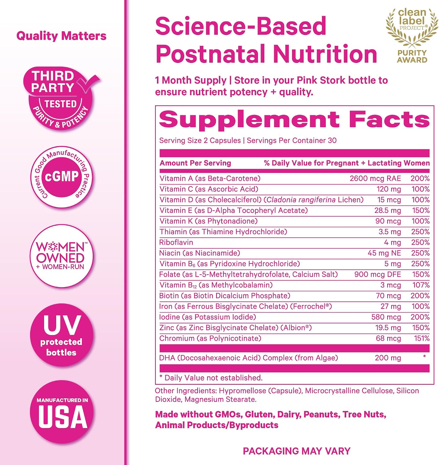 Pink Stork Total Postnatal Vitamins for Women | Vegan Algae DHA, Methylated Folate, Iron, B12 | Postpartum Recovery + Lactation Support | Clean Labelled Award Winner | 60 Capsules, Mint - görsel 6