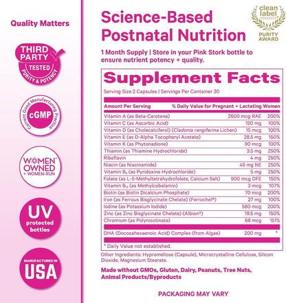 Pink Stork Total Postnatal Vitamins for Women | Vegan Algae DHA, Methylated Folate, Iron, B12 | Postpartum Recovery + Lactation Support | Clean Labelled Award Winner | 60 Capsules, Mint