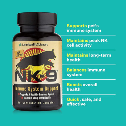 American BioSciences NK-9 AHCC Food Supplement for Dogs and Cats – Immune Support – 30 Capsules
