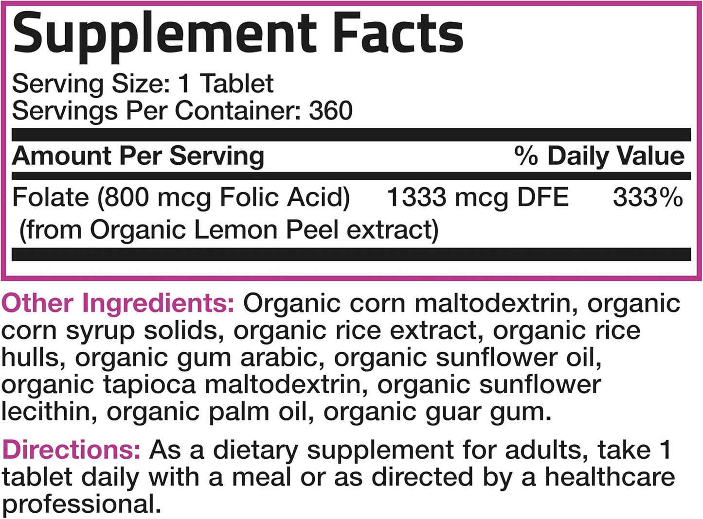 Bronson Organic Folic Acid (Vitamin B9 Folate) 800 mcg – 360 Tablets - görsel 6
