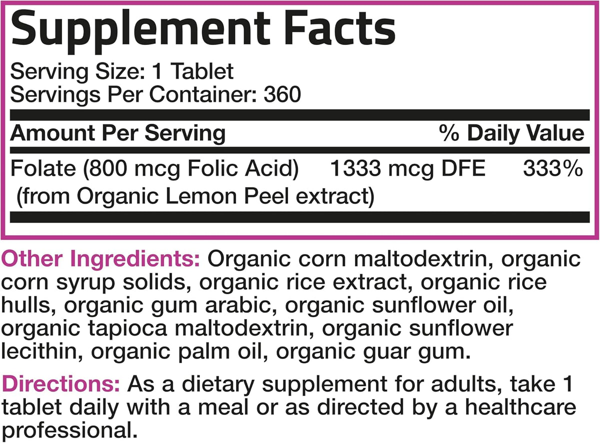 Bronson Organic Folic Acid (Vitamin B9 Folate) 800 mcg – 360 Tablets - görsel 6