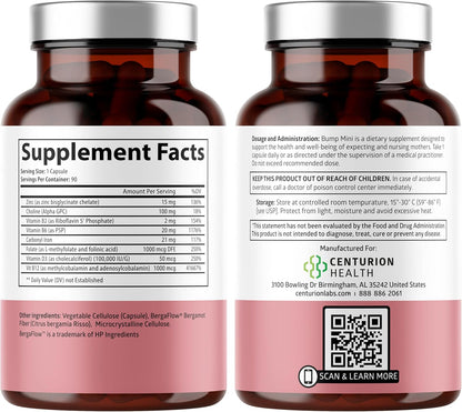 Centurion Health Bump Mini Complete Prenatal Vitamins with Folate, Choline, Carbonyl Iron, Zinc, Vitamin D3 and Vitamin B12 for Foetal Development and Pregnancy Support, 90 Capsules