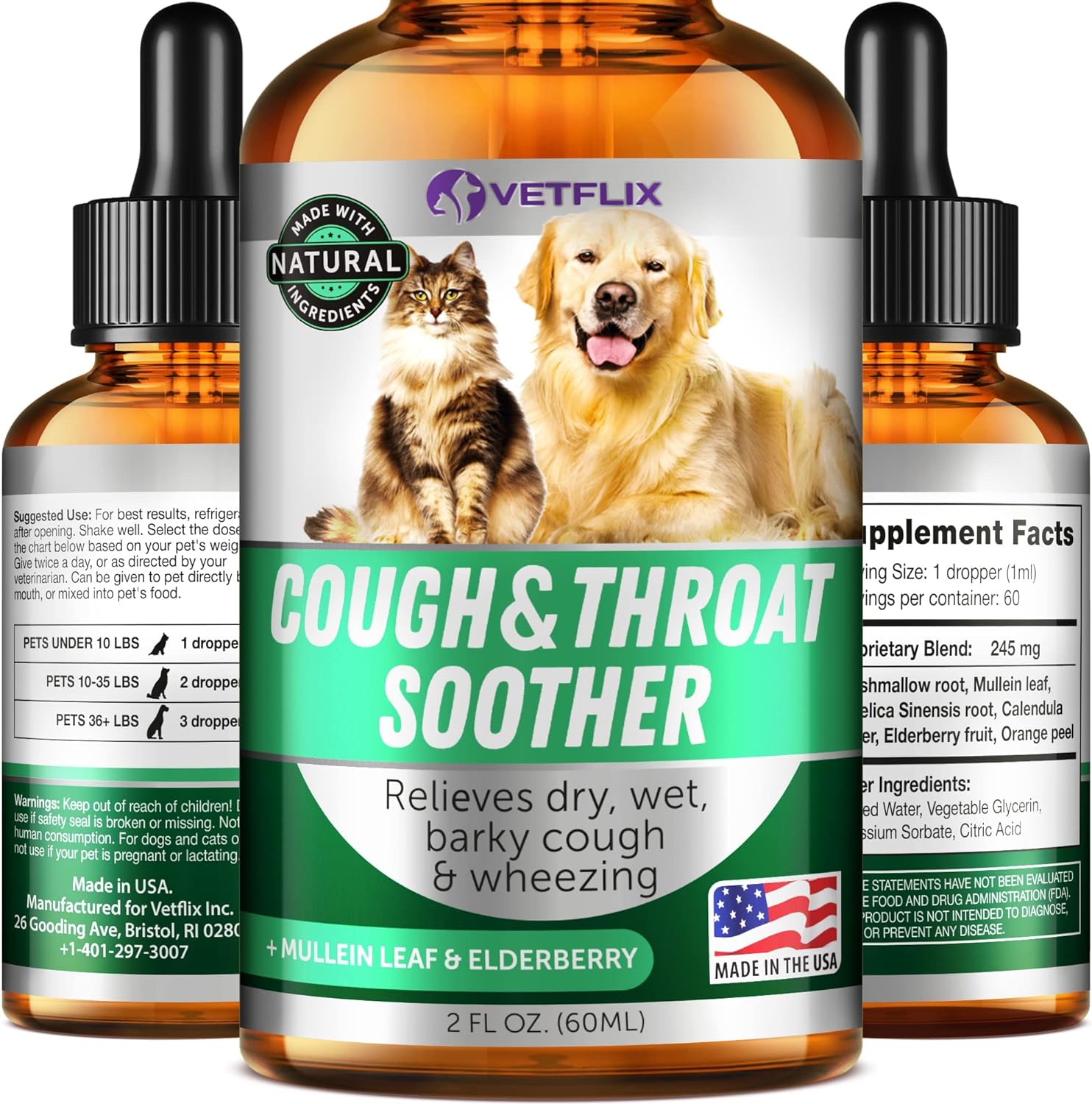 Vetflix Cough Relief Liquid for Dogs and Cats – Mullein Leaf & Elderberry Blend, 60 ml - görsel 1