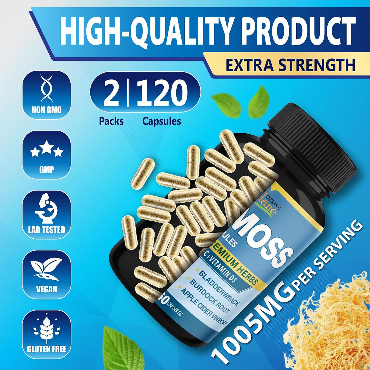 Organic Cadane Irish Sea Moss & Vitamin C, D3 and Zinc Capsules (2-Pack) - görsel 8