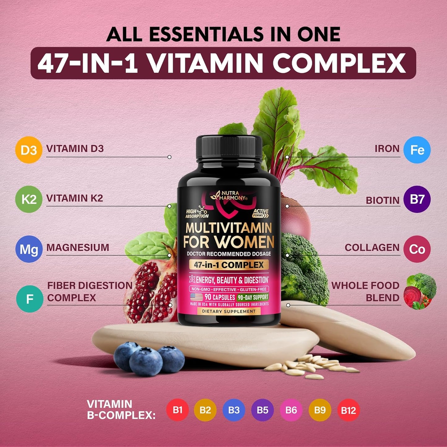 NUTRAHARMONY Women's Multivitamin 47-in-1 with B Complex, Wholefoods and Beauty Complex – 90 Capsules - görsel 4