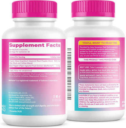 Pink Stork Maca Root Capsules for Women – Organic Maca with BioPerine for Hormonal Wellbeing & Energy