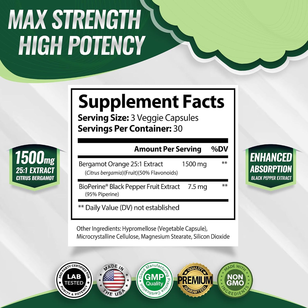 Toplux Citrus Bergamot Supplement 1500mg – High Potency 25:1 Extract with Black Pepper for Enhanced Absorption, Vegan, Non-GMO, 90 Capsules - görsel 2