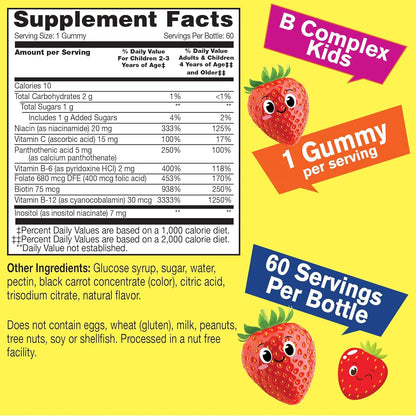 WellYeah B Complex Gummies for Children - with Vitamin C, Niacin, Vitamin B6, Folic Acid, Vitamin B12, Biotin & Pantothenic Acid - 2 Month Supply - Strawberry Flavour - Non GMO, Gluten-free - 60 Gummies