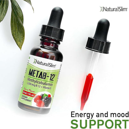 NaturalSlim Metab-12 Liquid B12 with Vitamin D - Methylcobalamin 2500 mcg Sublingual Drops, Berry Flavour, 30 ml