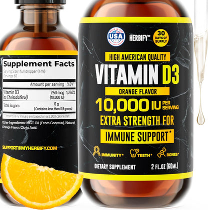 HERBIFY Vitamin D3 10000 IU Liquid Drops – Immune and Bone Health – 60 ml