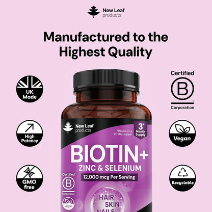 Biotin Hair, Skin and Nails Vitamins 12000mcg High Strength – Supports Normal Hair, Skin & Nails – Vegan, 180 Tablets (3 Month Supply) – Made in UK by New Leaf