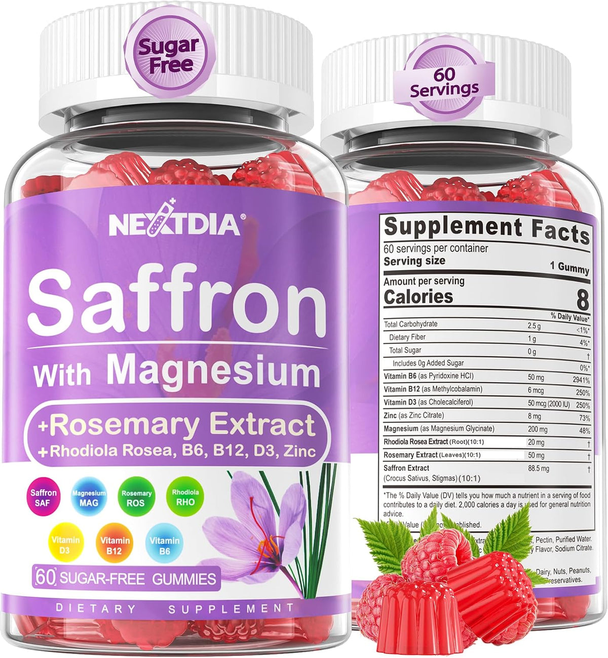 Happy Saffron Gummies – 4 Months Supply – Saffron Extract 177mg, Magnesium Glycinate 200mg, Rhodiola, Rosemary, Vitamin D, B6, B12 for Restfulness, Mood, Calm, Focus – Sugar-Free - görsel 10