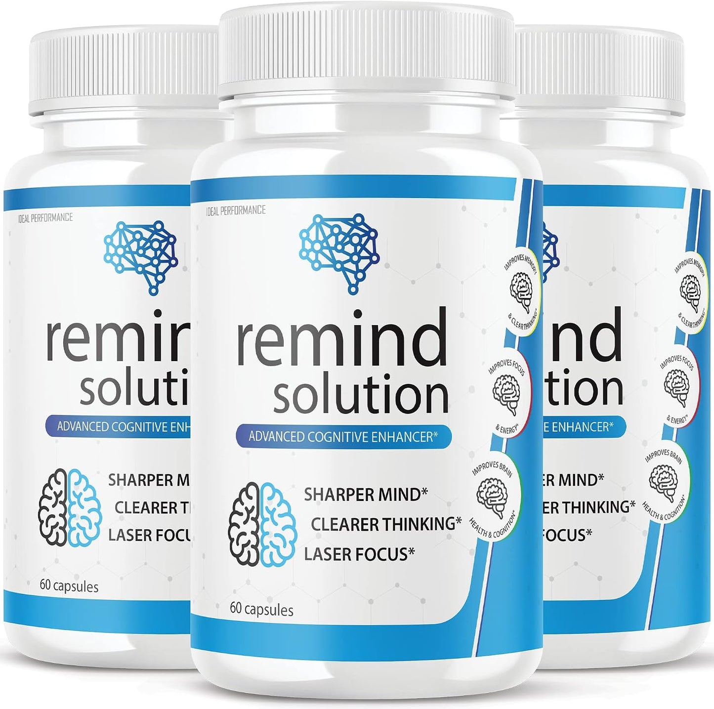 (3 Pack) Remind Solution for Memory Advanced Cognitive Brain Health Function Focus Max Concentration Recall Supplement (180 Capsules) - görsel 1