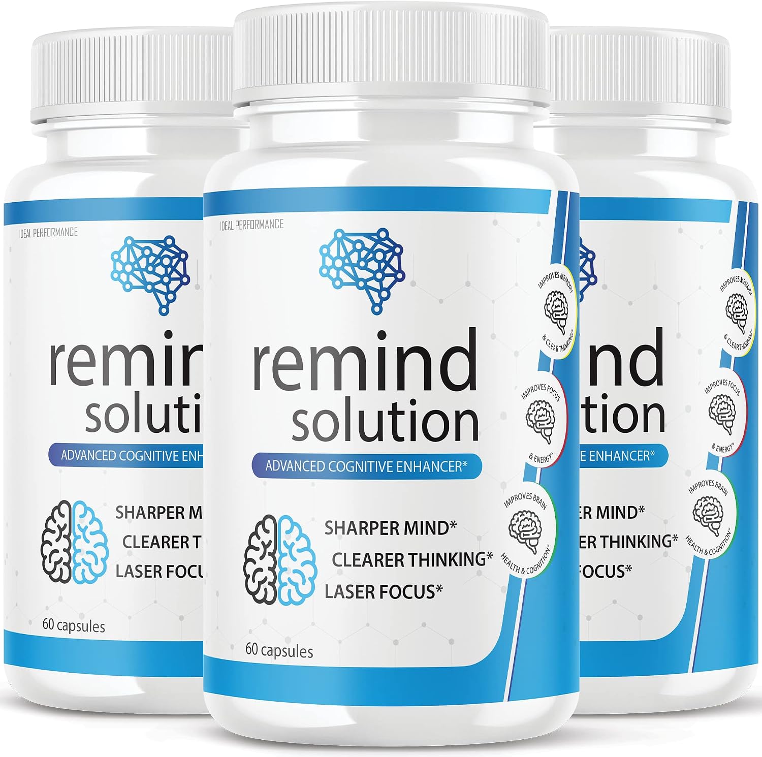 (3 Pack) Remind Solution for Memory Advanced Cognitive Brain Health Function Focus Max Concentration Recall Supplement (180 Capsules) - görsel 1