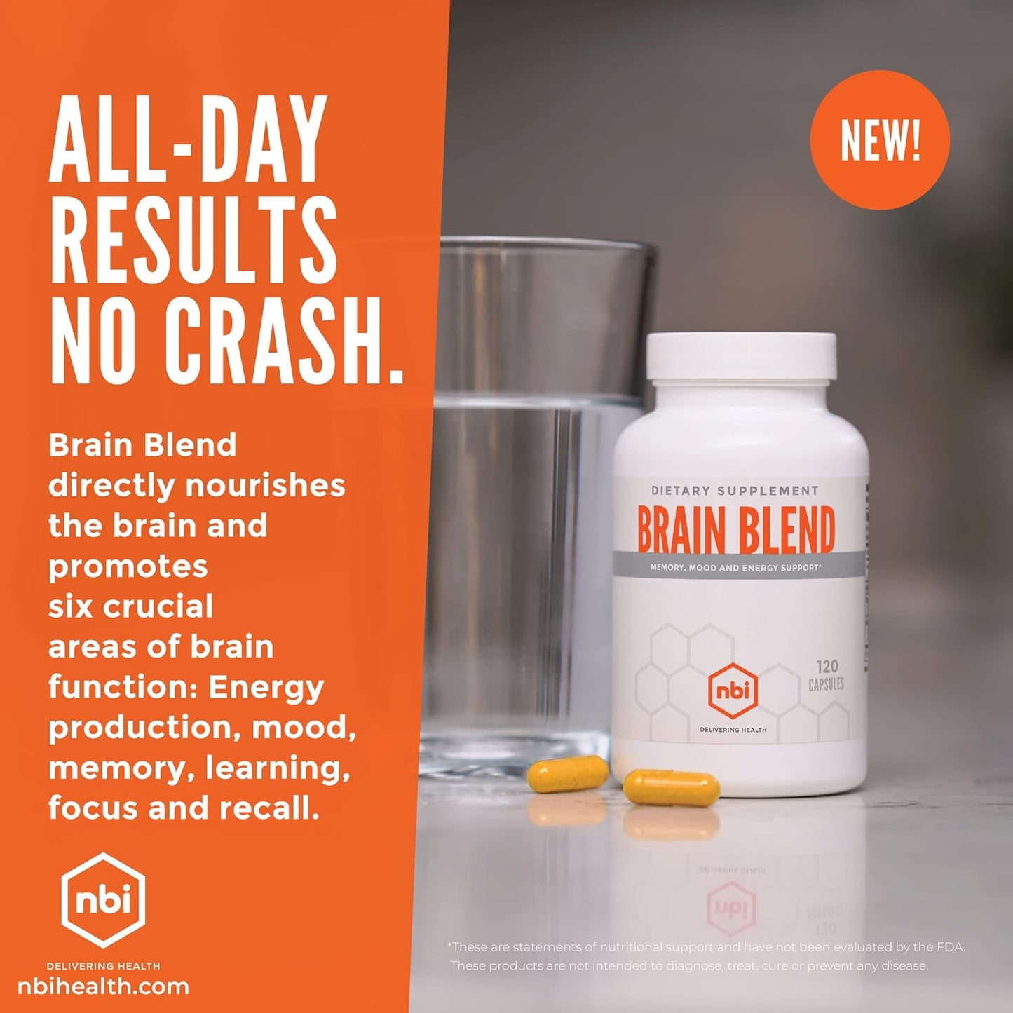 NBI Brain Blend for Memory, Focus, Concentration & Cognitive Function - Caffeine-Free Nootropic with ALCAR, Alpha Lipoic Acid, Huperzine A, Turmeric - 120 Capsules - görsel 6