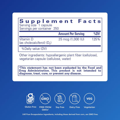 Pure Encapsulations Vitamin D3 25 mcg (1,000 IU) – 250 Capsules