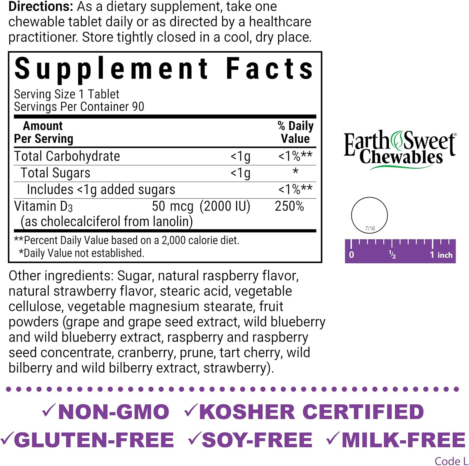 Bluebonnet Nutrition Earth Sweet Vitamin D3 2000 IU Chewable Tablets, 90 Count - görsel 2