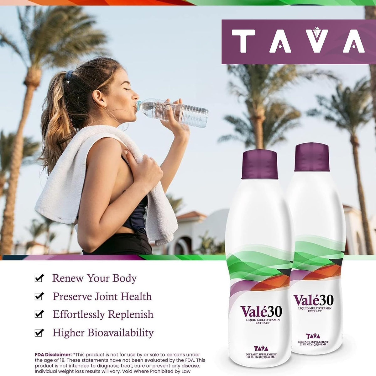 TAVA Valé30 - Liquid Multivitamin - 30-Day Supplement with Vitamin A and B Complex for Men, Women, and Family, Daily Boost Drink - 2 Bottles - görsel 3